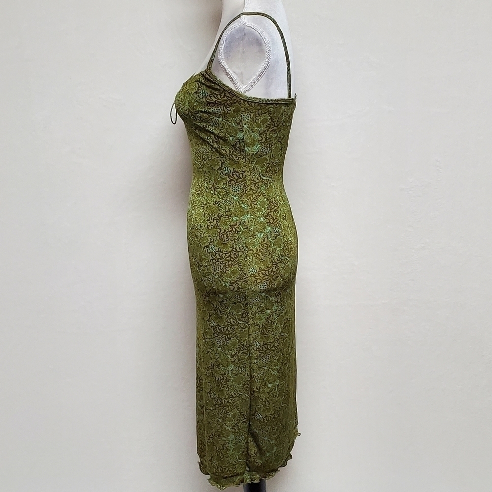VINTAGE A. Aubrey Green Paisley Stretchy Pin-up Tie Bust Midi Bodycon Dress S - Picture 10 of 16
